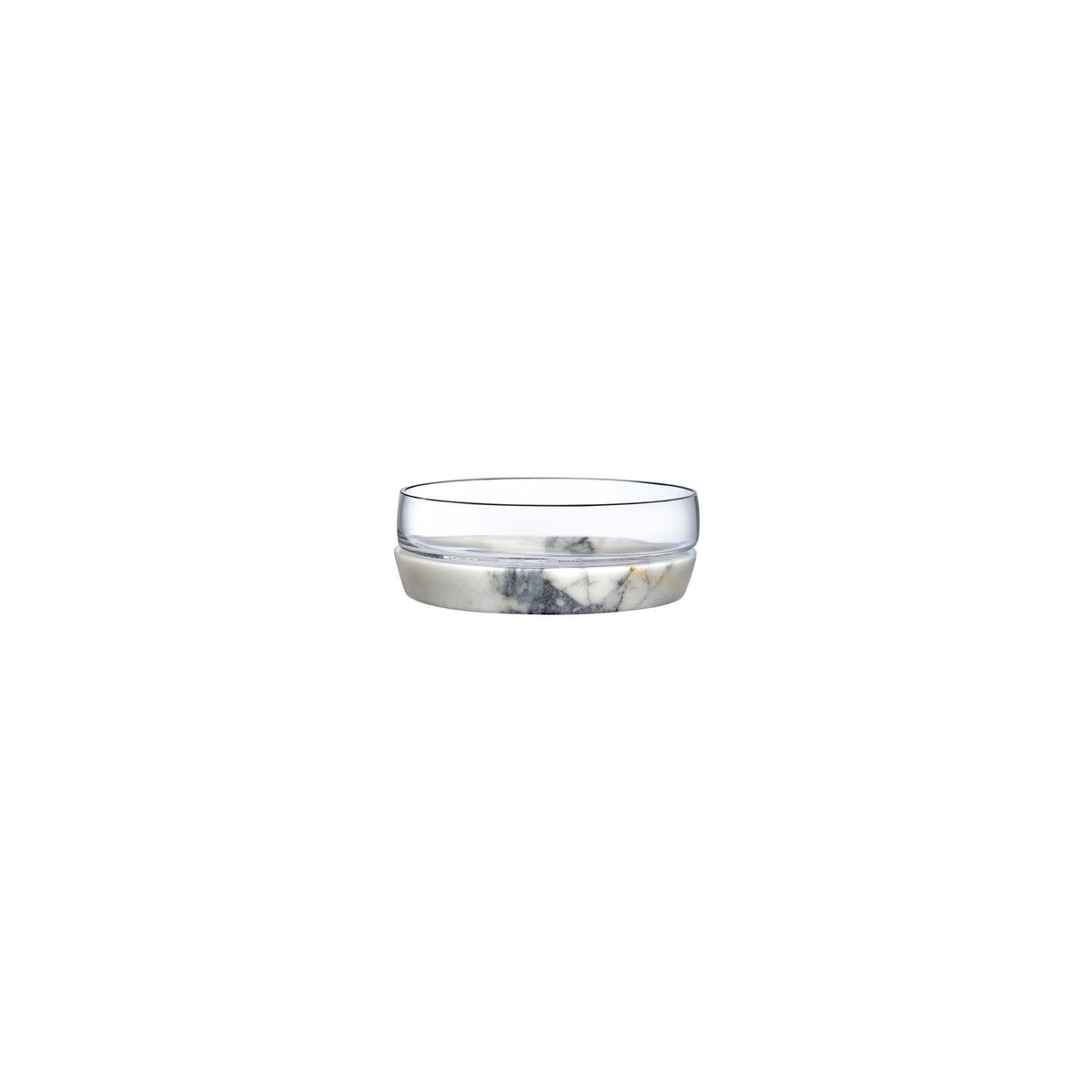 Medium modernist glass bowl resting on a solid round marble base against a clean white background.