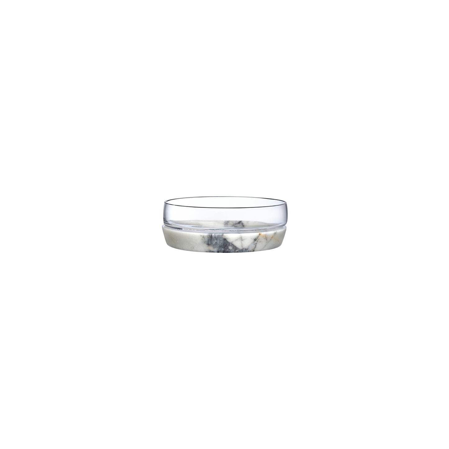 Medium modernist glass bowl resting on a solid round marble base against a clean white background.