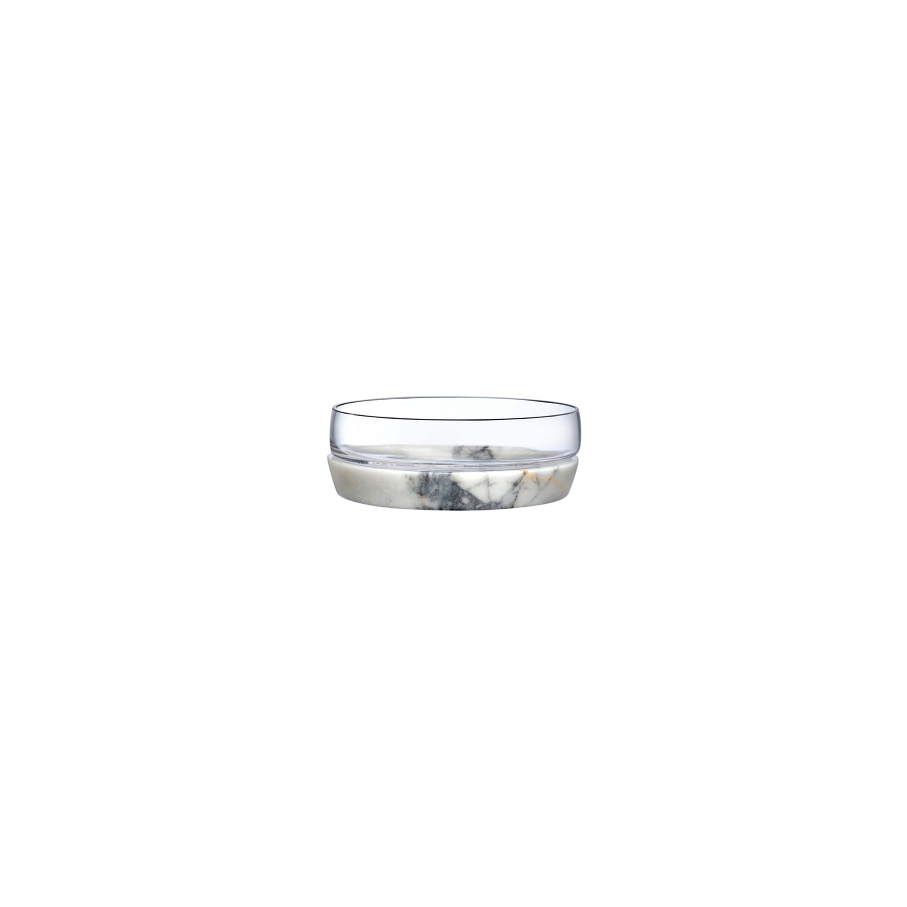 Medium modernist glass bowl resting on a solid round marble base against a clean white background.