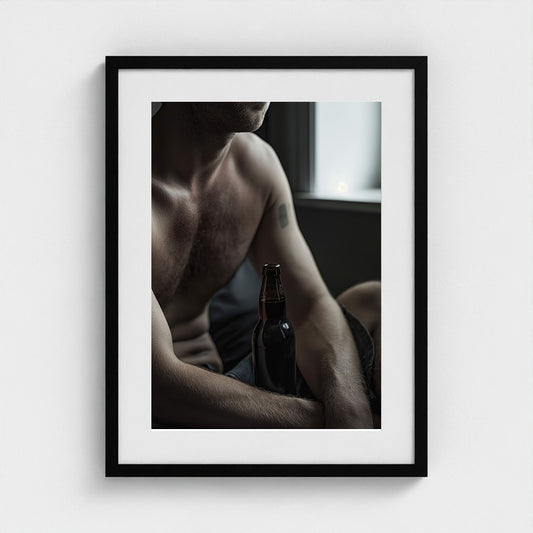 Contemplative Male Portrait with Dark Glass Bottle