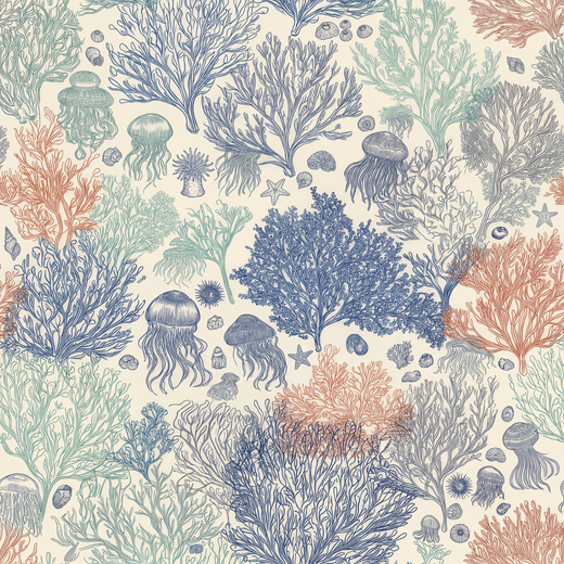 Full repeat pattern of Jelly Reef wallpaper in the warm neutral Sun Bleached colorway.