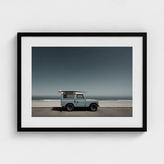 Vintage Coastal Land Rover in Serene Pale Blue Tones