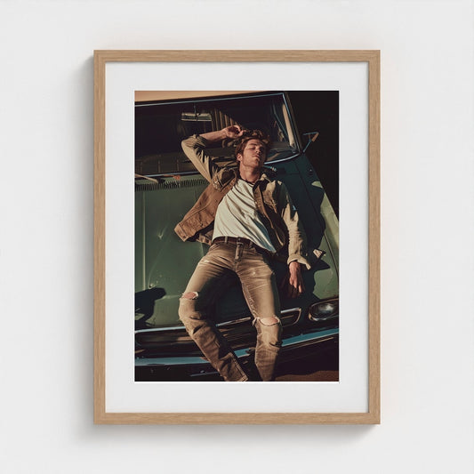 Reclining Man on Vintage Car in Olive Tonal Light