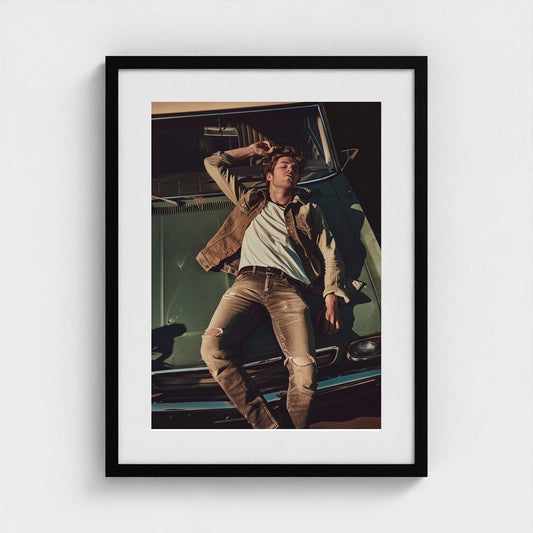 Reclining Man on Vintage Car in Olive Tonal Light