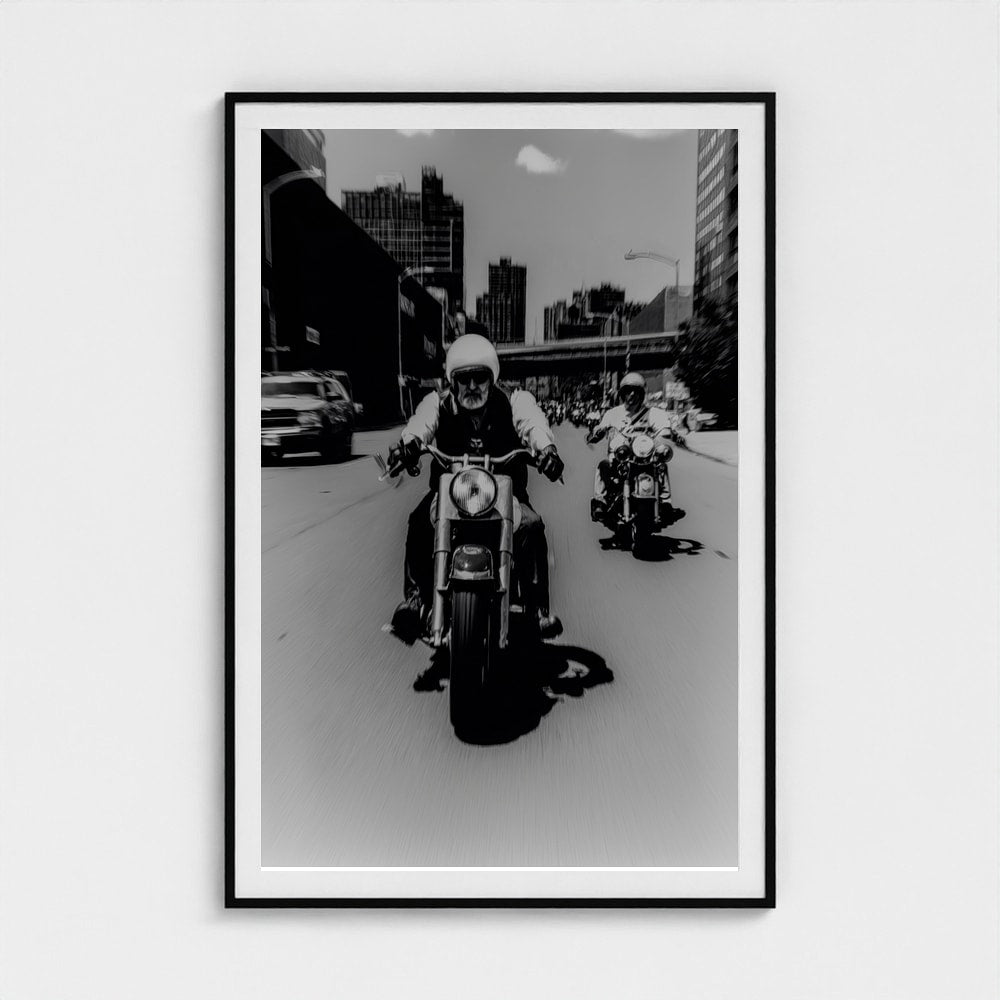 Urban Motorcycle Riders in Gritty Monochrome Print