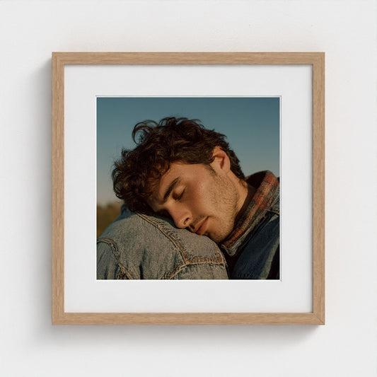 Contemplative Portrait with Denim Jacket in Soft Blues