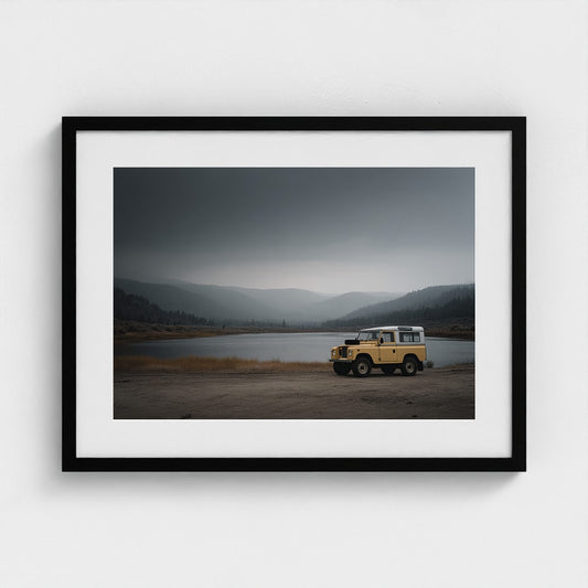 Yellow Land Rover by Misty Lake in Soft Grey Tones