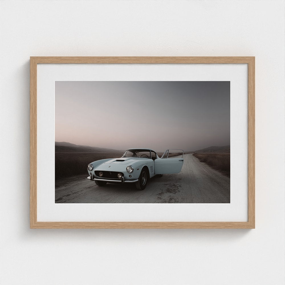 Vintage Blue Ferrari on Hazy Mountain Road Photography