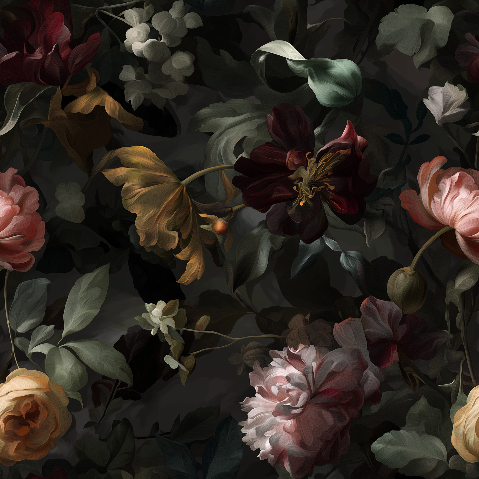 A full pattern repeat swatch of the Nocturne Botanical Wallpaper, showing the rich dark floral arrangement.