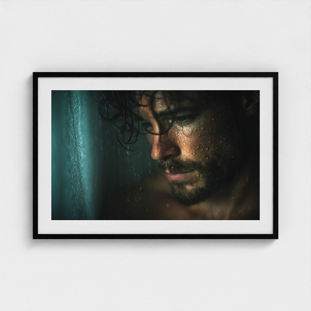 Contemplative Shower Portrait in Soft Grey Tones