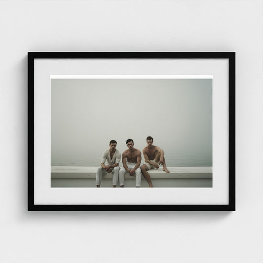 Three Men in Fog, Minimal Portrait on White Ledge