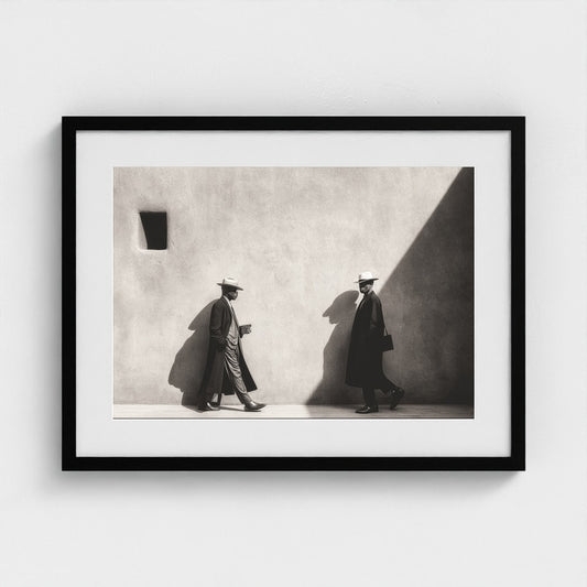 Two Men in Shadowed Street Scene on Textured Wall