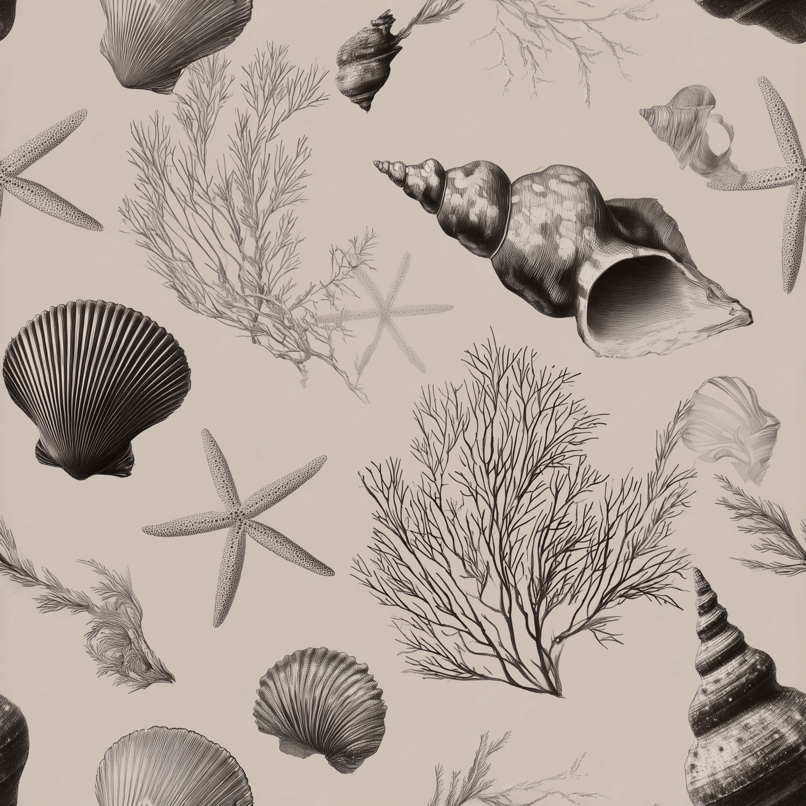Scale and pattern repeat diagram of the coastal themed Sanibel wallpaper in taupe.