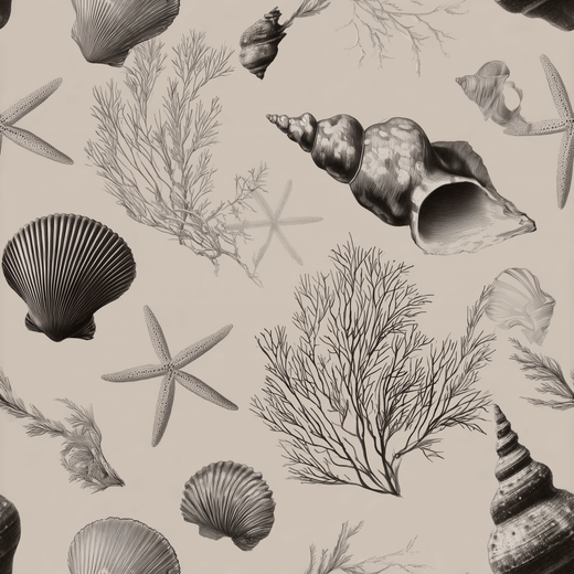 Scale and pattern repeat diagram of the coastal themed Sanibel wallpaper in taupe.