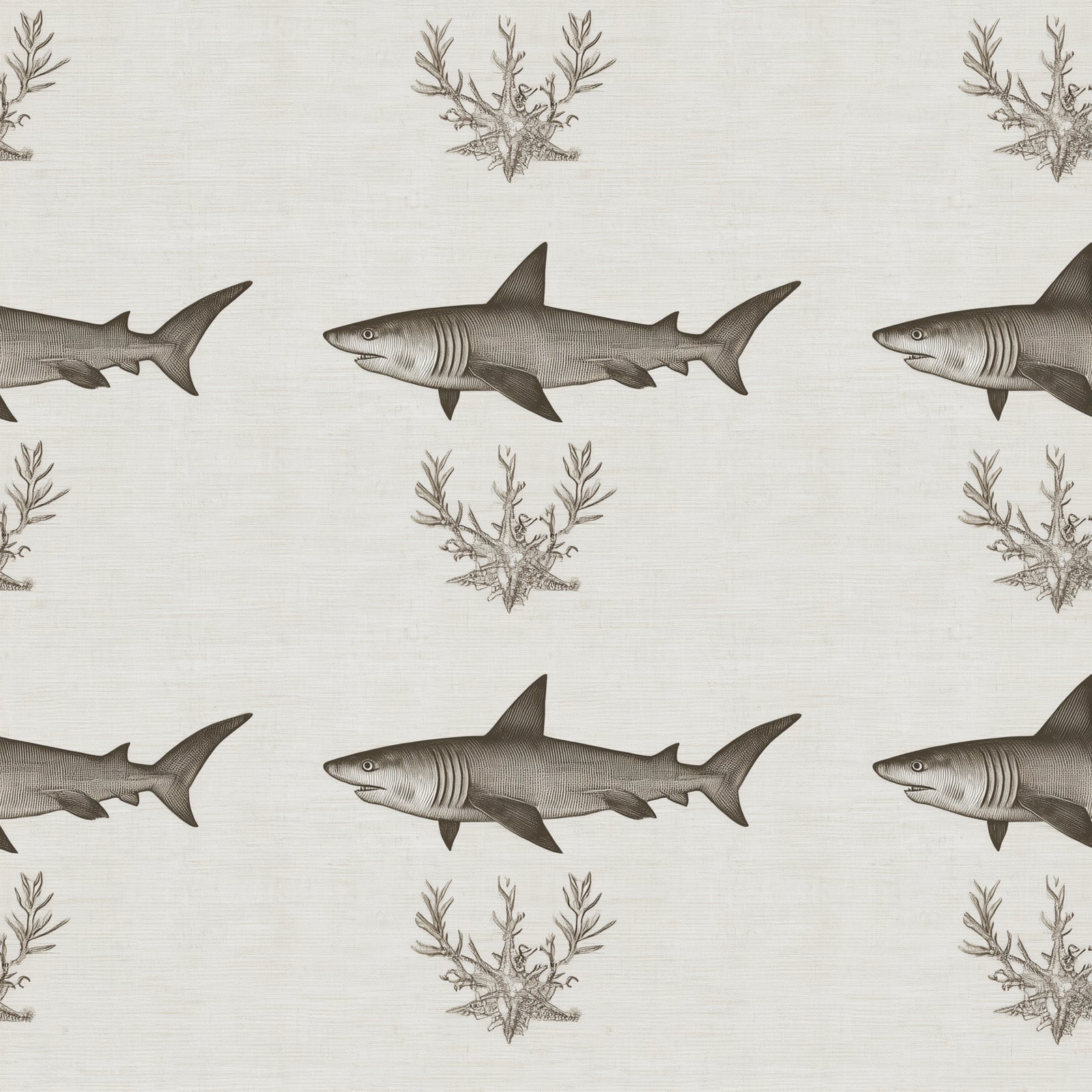 Modern nursery room styled with the black and neutral Solo Swimmer shark wallpaper.
