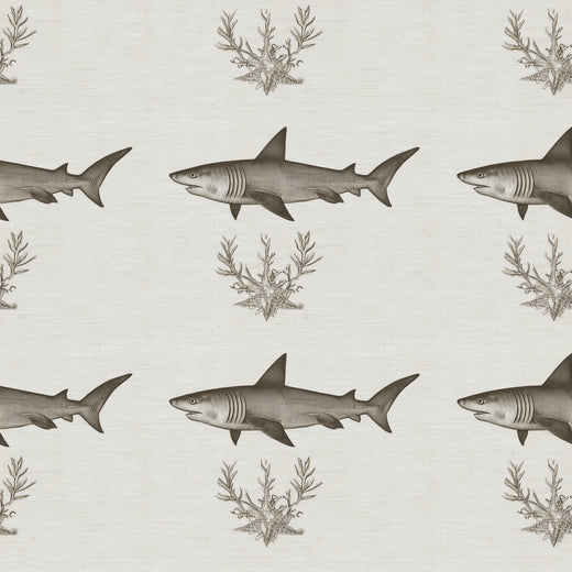 Modern nursery room styled with the black and neutral Solo Swimmer shark wallpaper.