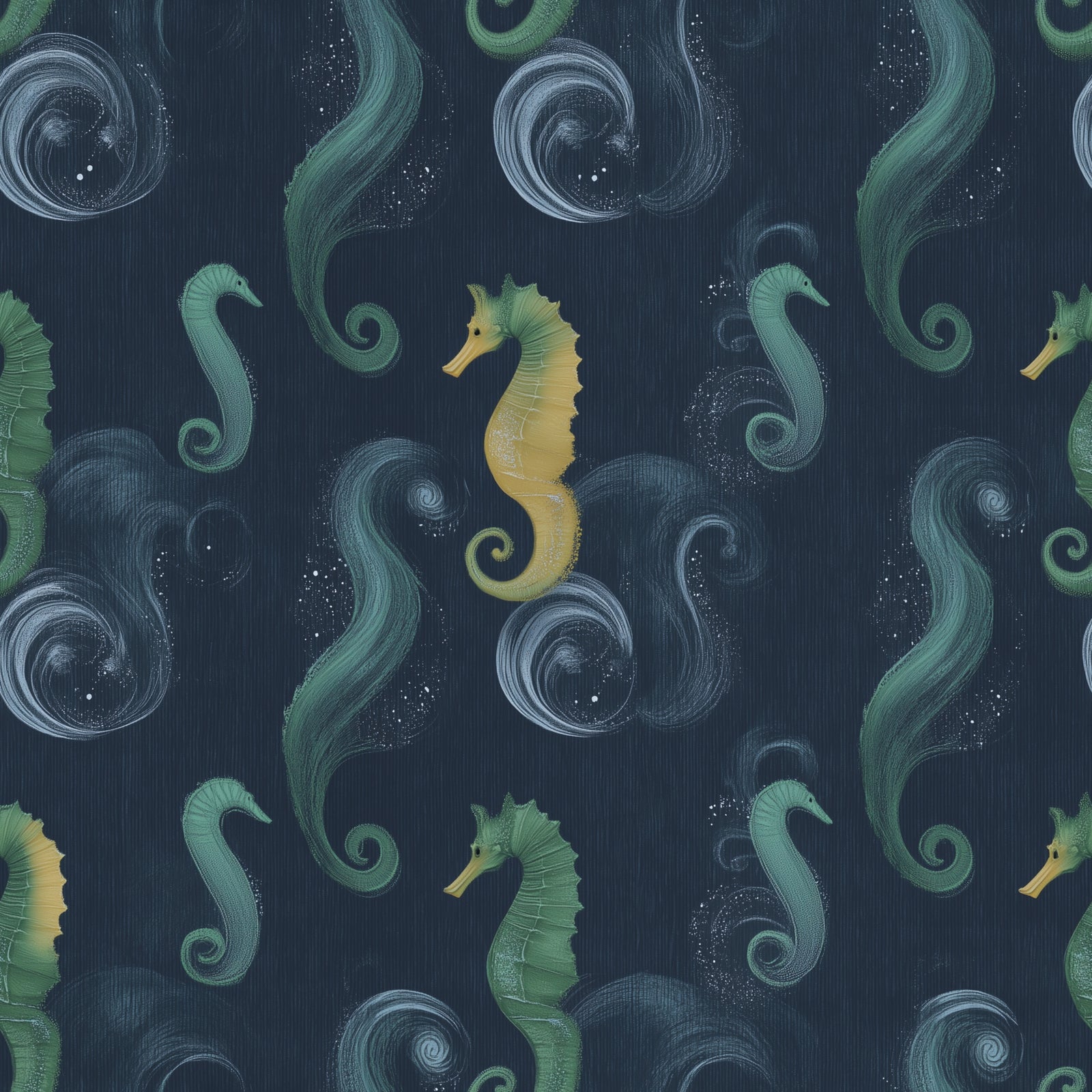 Sea Horse wallpaper installed in a sophisticated modern powder room with a brass mirror.