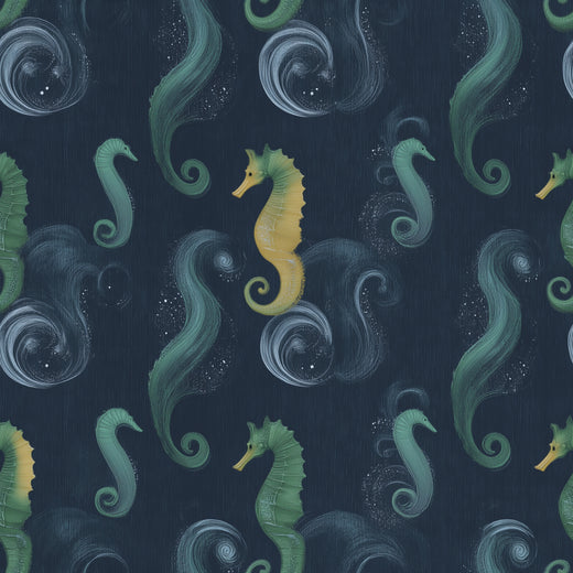 Sea Horse wallpaper installed in a sophisticated modern powder room with a brass mirror.