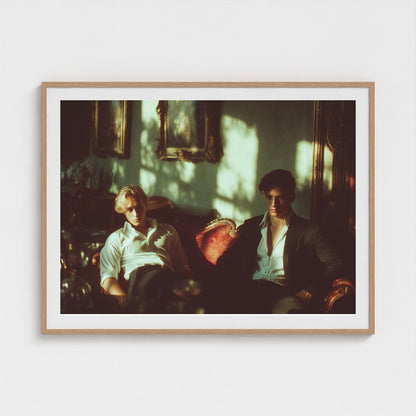 Two Men on Red Sofa in Atmospheric Window Light