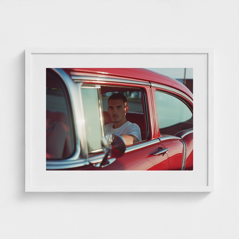Young Man in Red Classic Car Contemplative Portrait