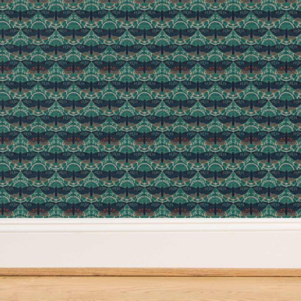 Seamless pattern repeat of the teal Butterfly Lattice designer wallpaper.