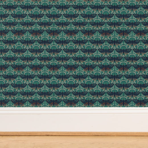 Seamless pattern repeat of the teal Butterfly Lattice designer wallpaper.