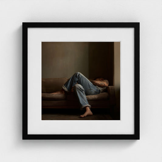 Reclining Denim Portrait in Quiet Taupe Tones