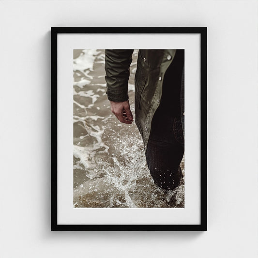 Waxed Green Jacket Portrait in Tidal Ocean Water
