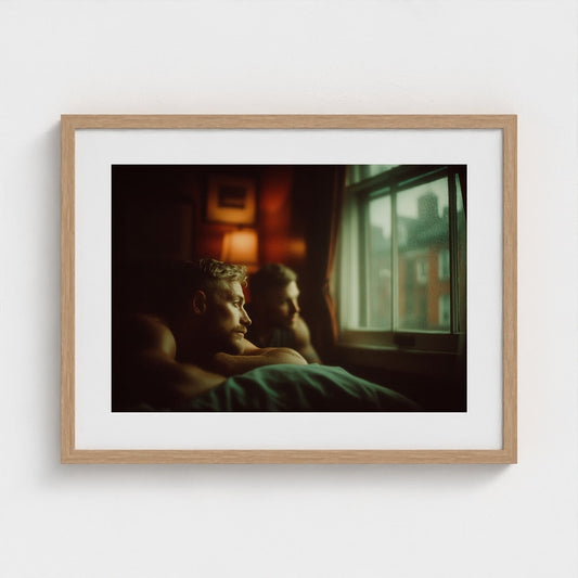 Contemplative Bedroom Portrait in Dark Red Tones