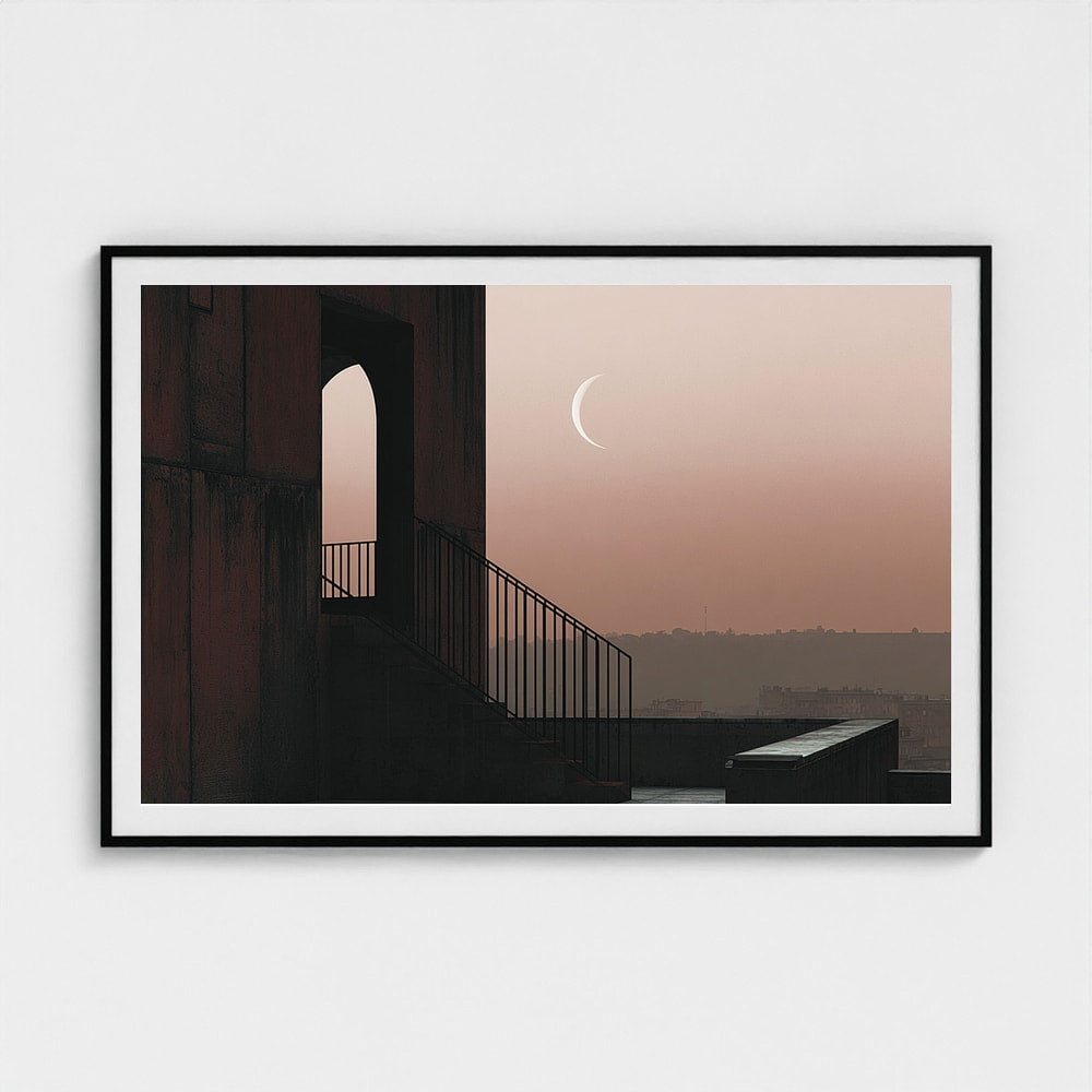 Minimalist Rooftop Staircase at Dusk with Crescent Moon