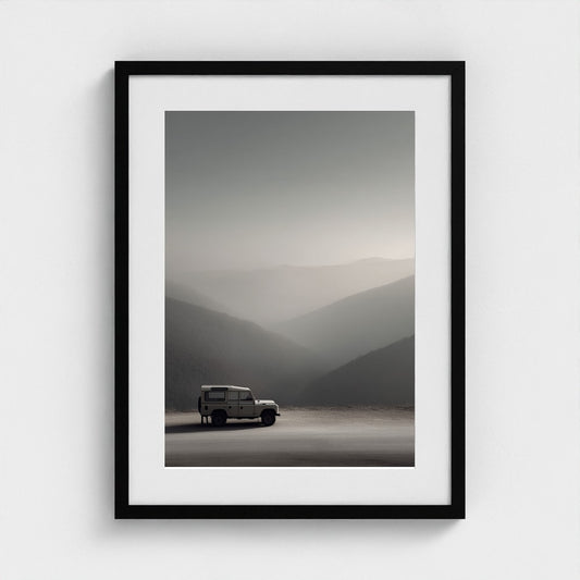 White Land Rover in Serene Misty Mountain Landscape
