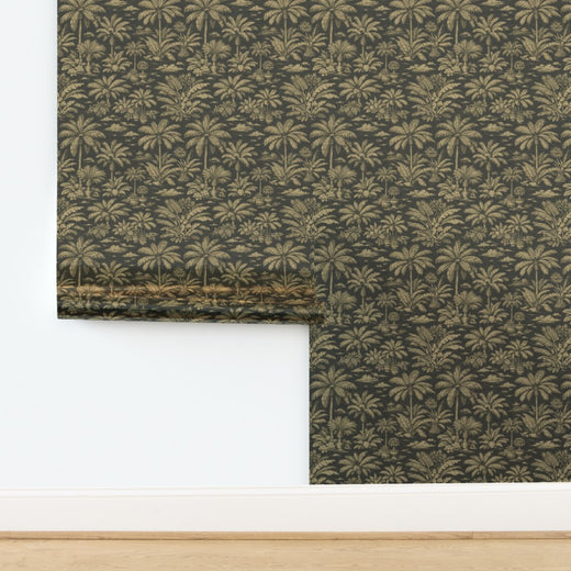Luminous Amber metallic Palmy Weather wallpaper roll showcasing its reflective finish.