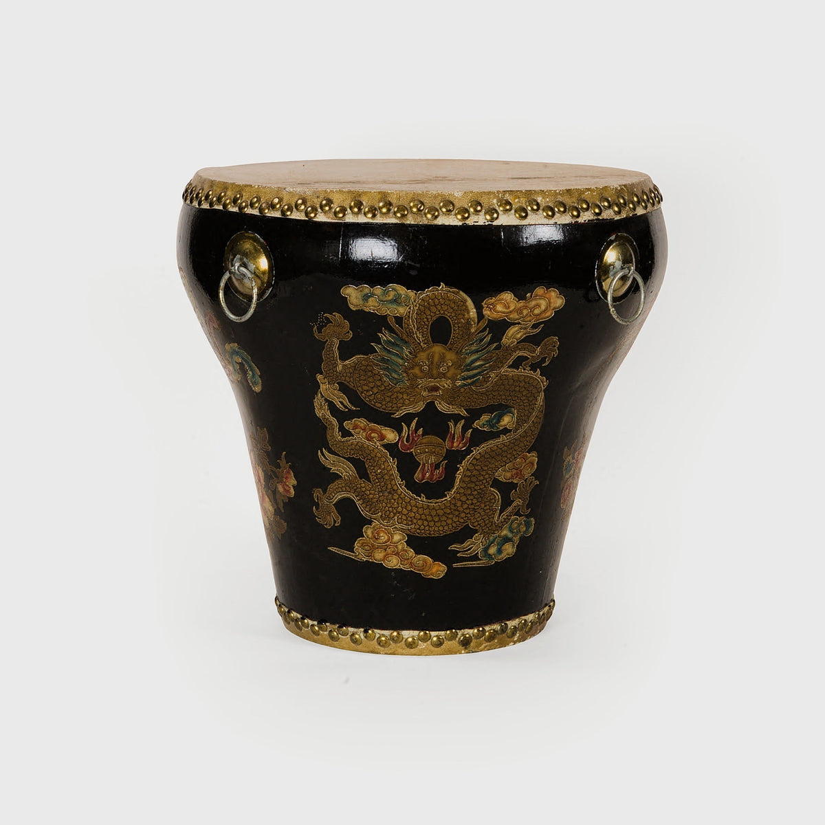 Product shot of Antique Black Lacquer Chinoiserie Drum – Masculine Fine Art - Luxury Decorative Accessory | Provenance & Patina