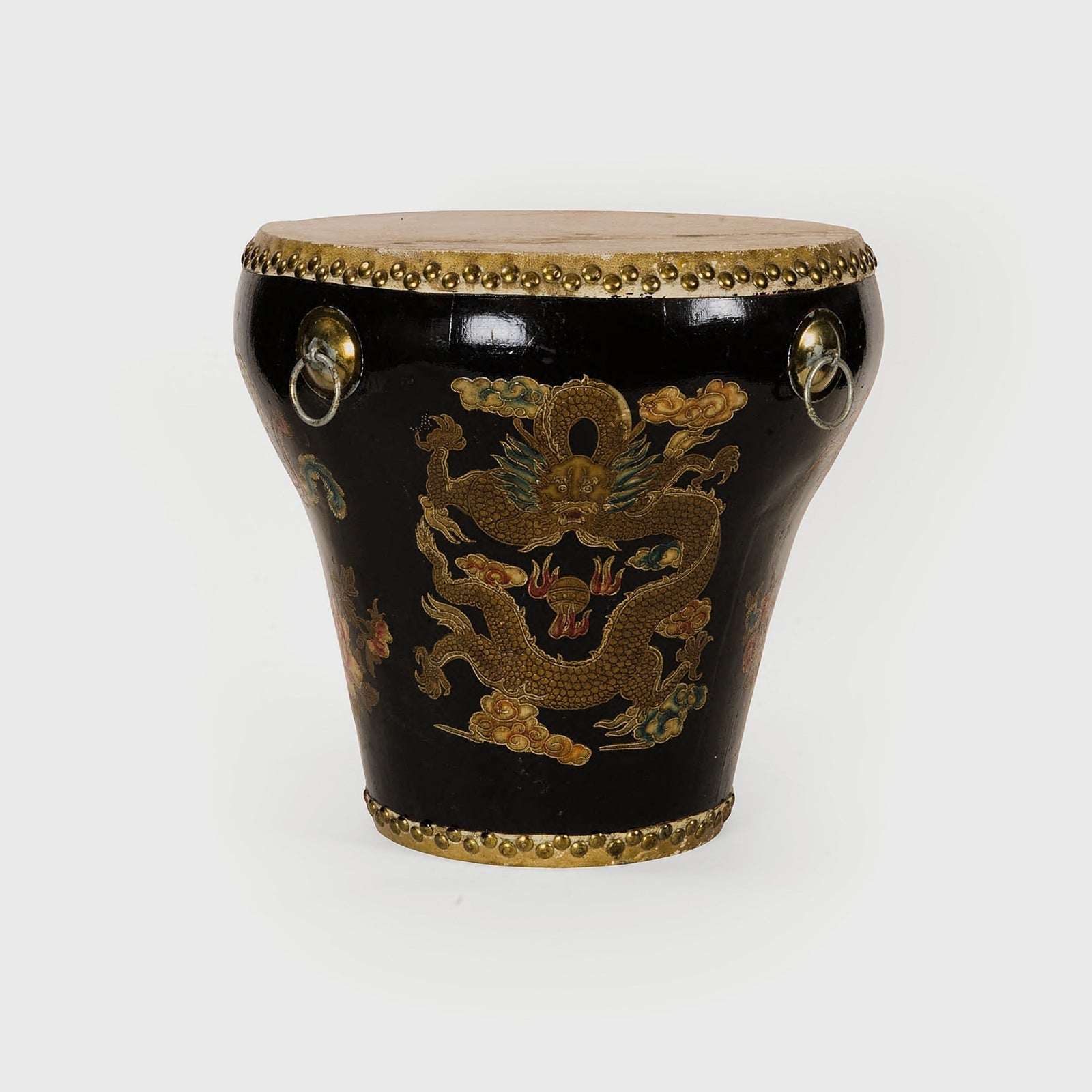 Product shot of Antique Black Lacquer Chinoiserie Drum – Masculine Fine Art - Luxury Decorative Accessory | Provenance & Patina