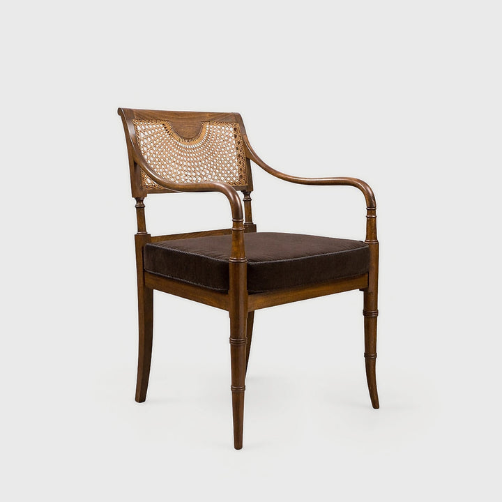 Product shot of Midcentury Cane and Carved Wood Armchai – Masculine Fine Art - Luxury Armchair | Provenance & Patina