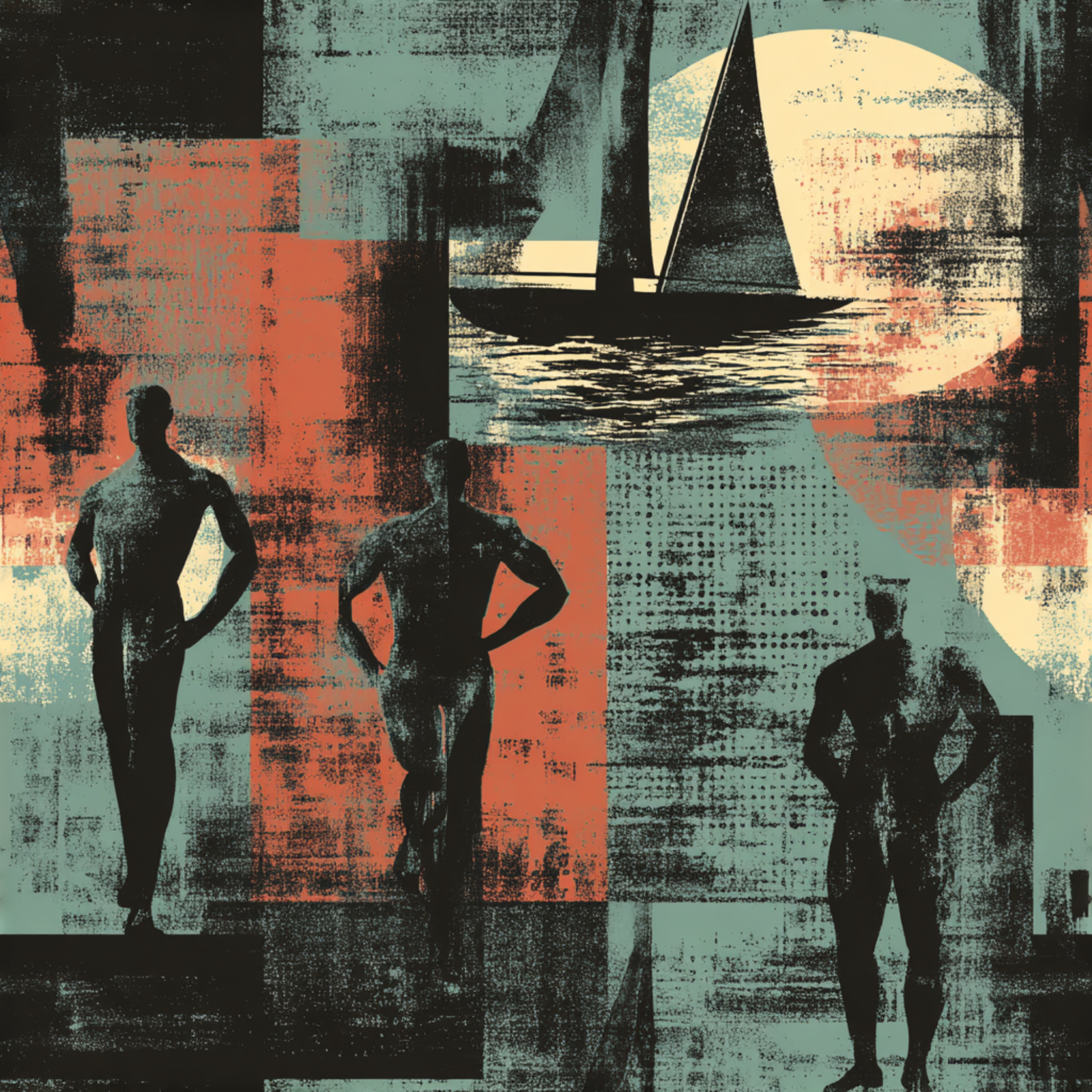 A full graphic repeating pattern of the Coastal Sculptors Frieze design, featuring abstract boats and figures.