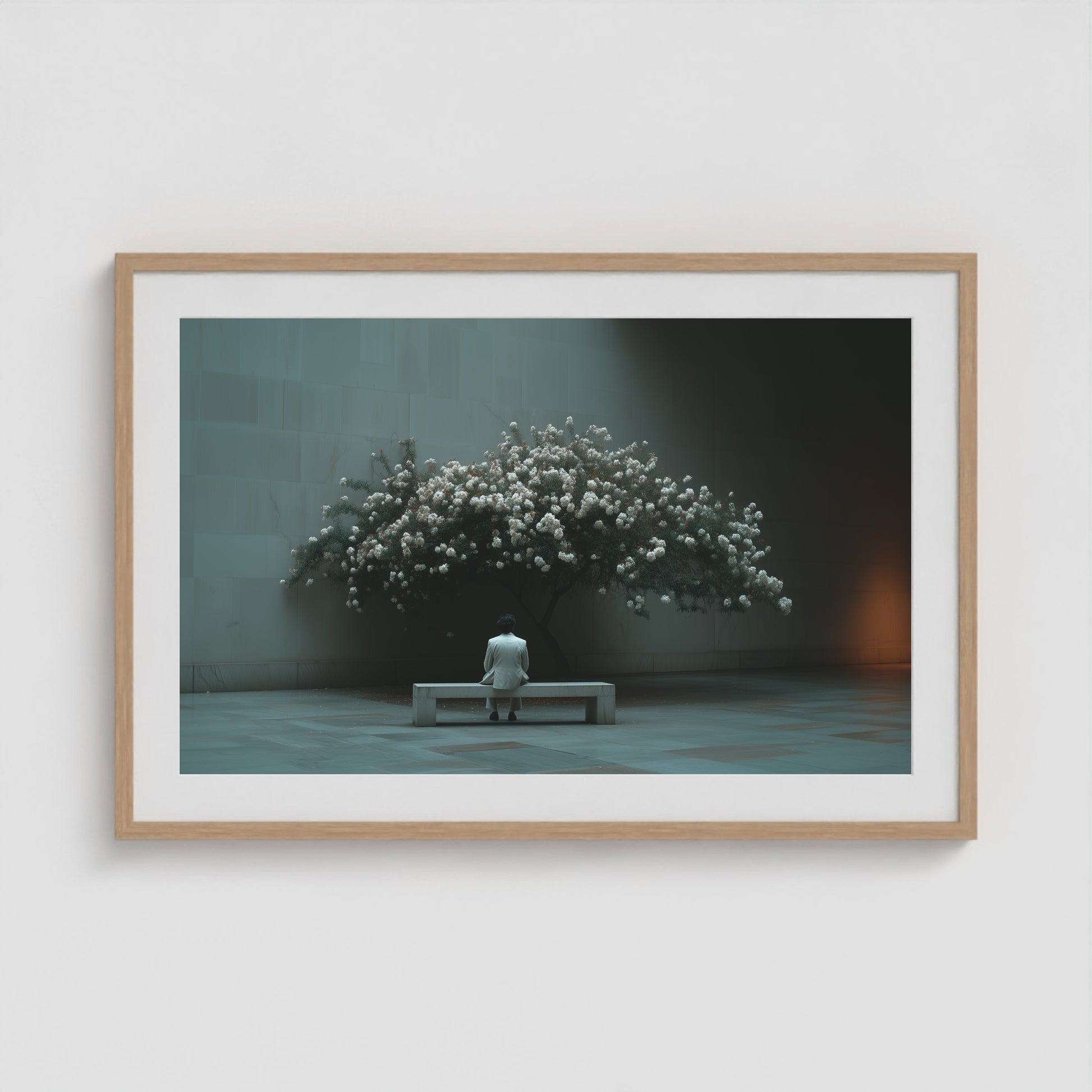 Bench Blossom 36x24 Natural Landscape Box Frame
