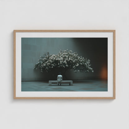 Bench Blossom 36x24 Natural Landscape Box Frame