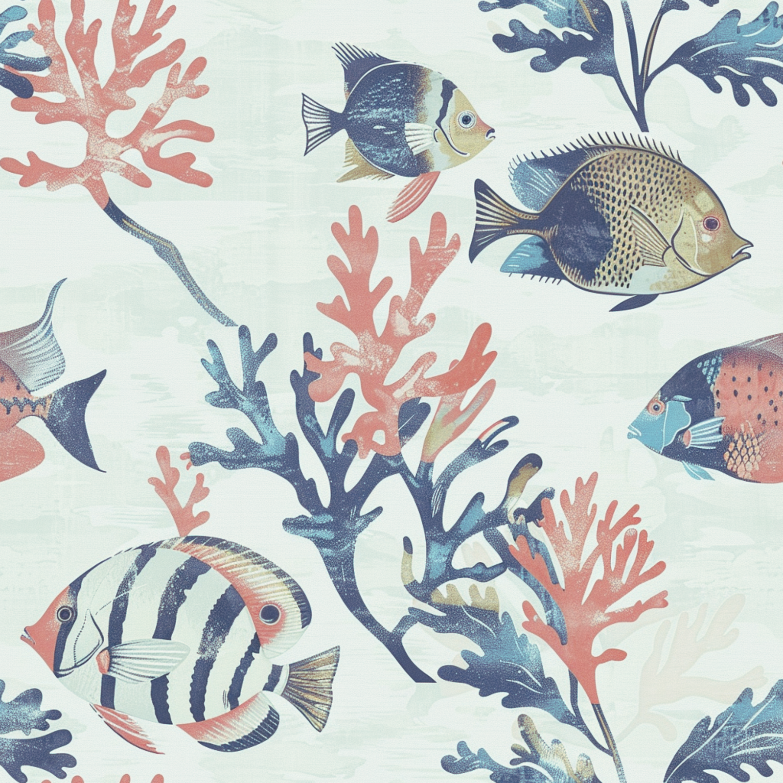 Full repeating roll pattern of the Tropical Fish wallpaper in Light Blue.