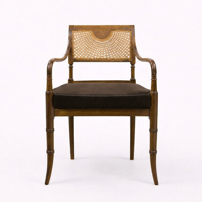 Wooden chair with woven backrest on a white background