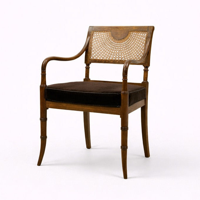 Wooden chair with woven backrest on a white background