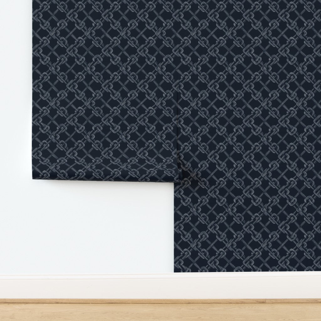 Close-up of Carrick Knot wallpaper pattern in classic navy and cream.