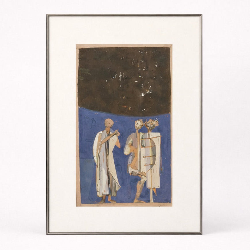 Framed artwork of two figures against a dark background