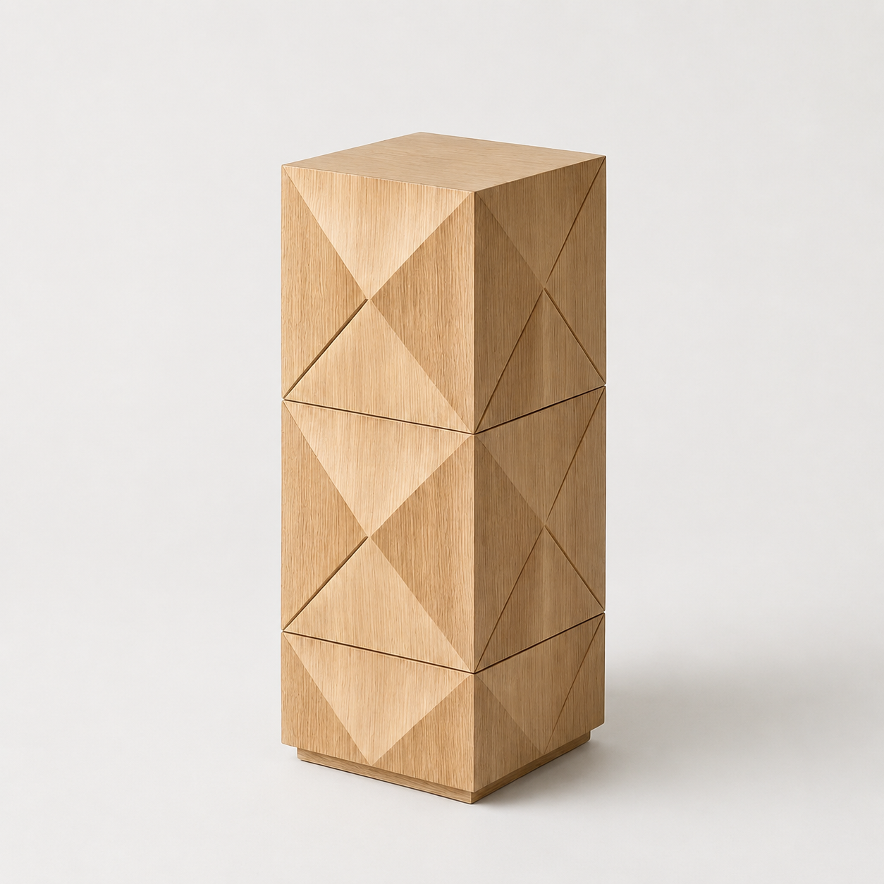 Short architectural display stand with elegant diamond patterned woodwork.