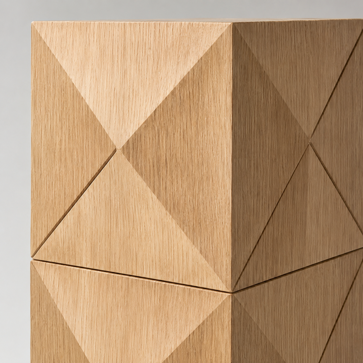 Close-up detailing the refined edges and corner joinery of the custom pedestal.