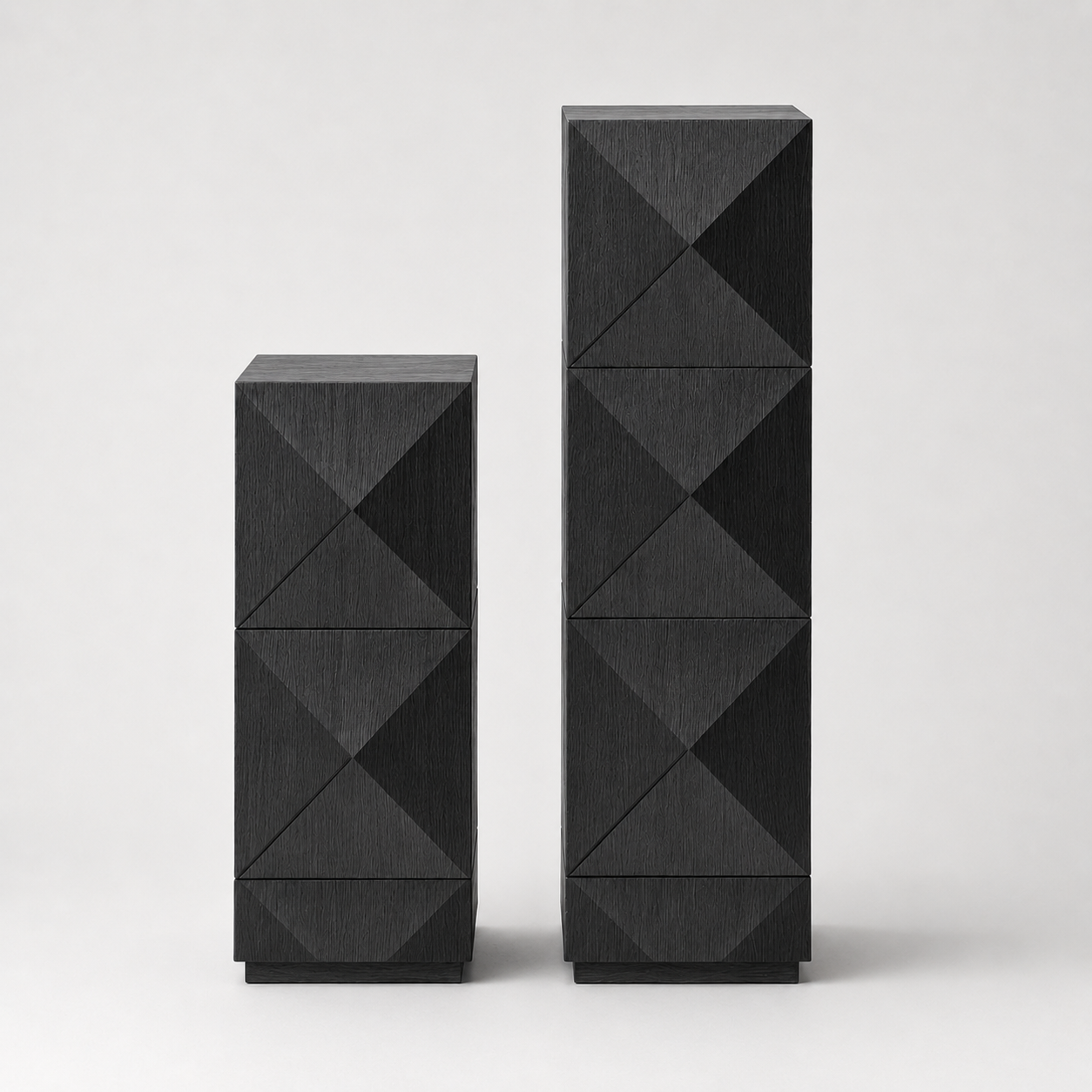 Tall custom wooden pedestal highlighting natural grain patterns and diamond panel detailing.
