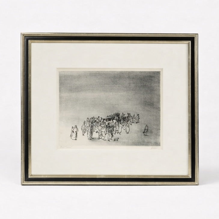 Framed black and white artwork on a white background