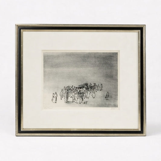 Framed black and white artwork on a white background
