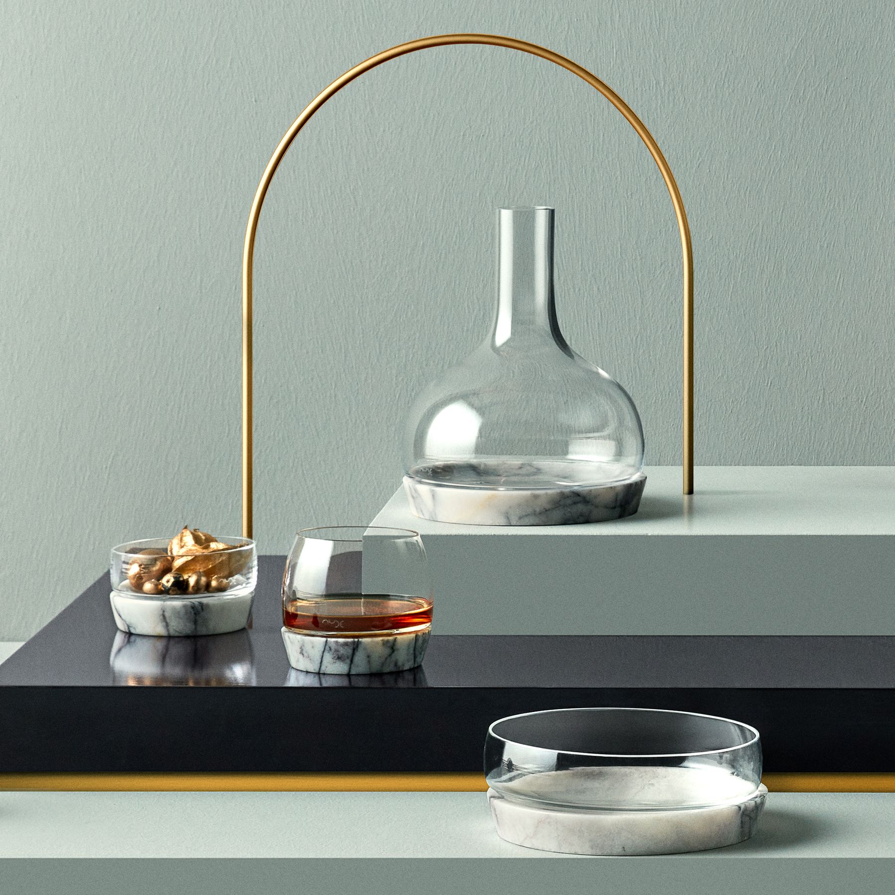 Sleek contemporary design barware set featuring premium crystal and white marble.