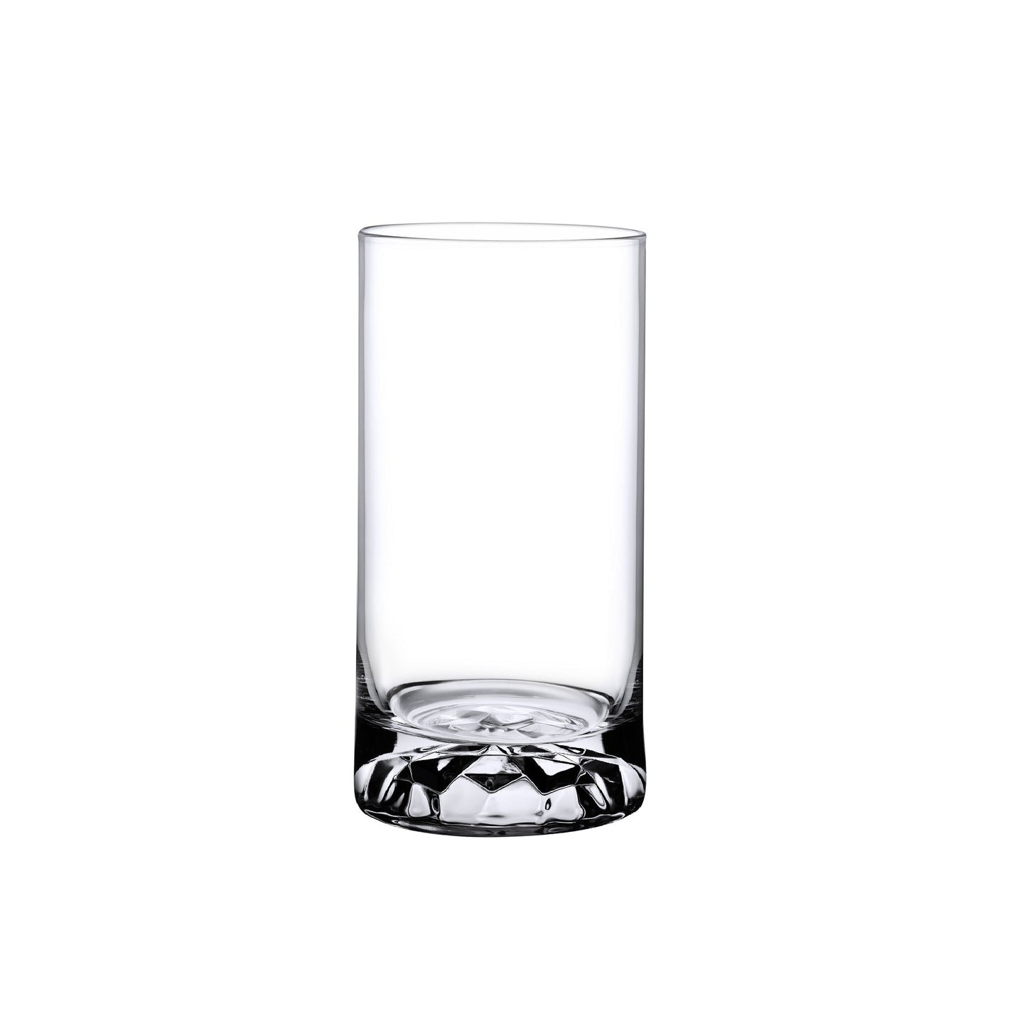 Four NUDE Glass Club medium highball glasses arranged on a neutral background, showcasing their thick weighted crystal bases.